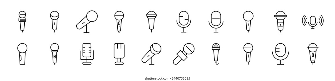 Collection of thin line icons of microphone. Editable stroke. Simple linear illustration for web sites, newspapers, articles book 