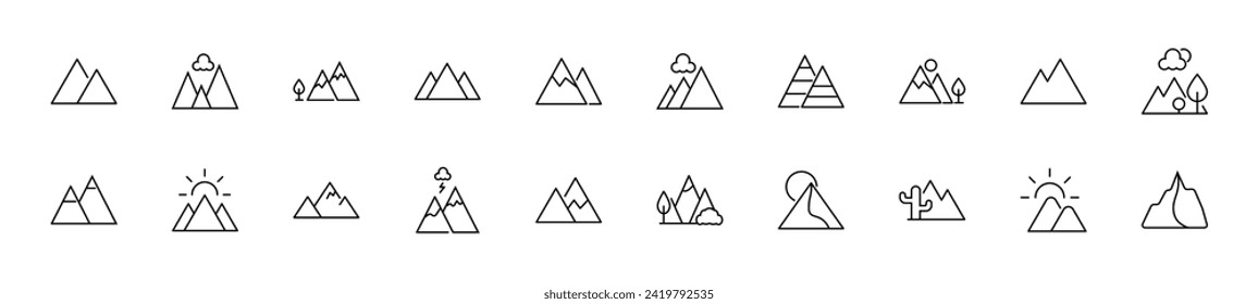 Collection of thin line icons of mountain. Linear sign and editable stroke. Suitable for web sites, books, articles
