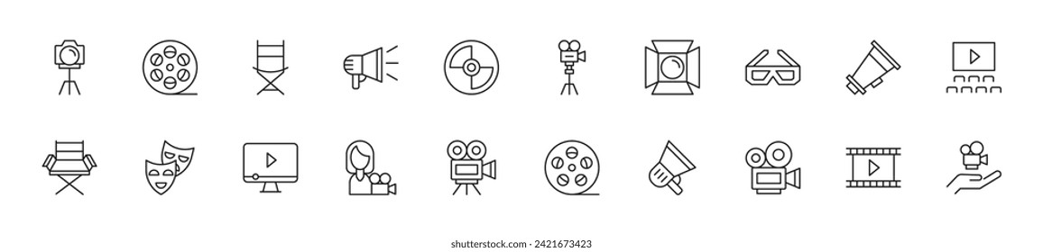 Collection of thin line icons of movie and cinema. Linear sign and editable stroke. Suitable for web sites, books, articles