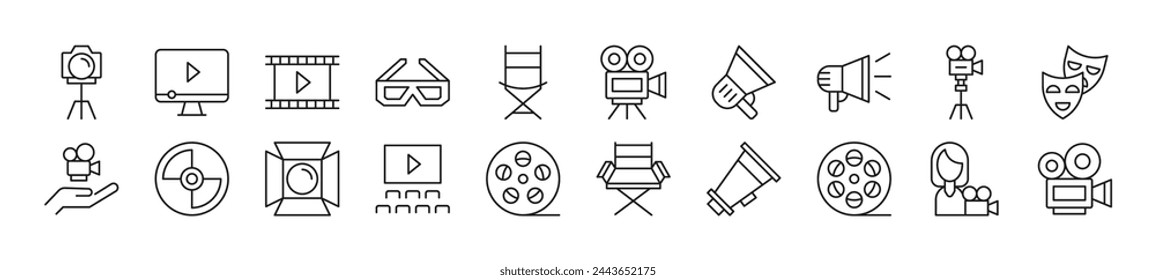 Collection of thin line icons of movie. Editable stroke. Simple linear illustration for web sites, newspapers, articles book 