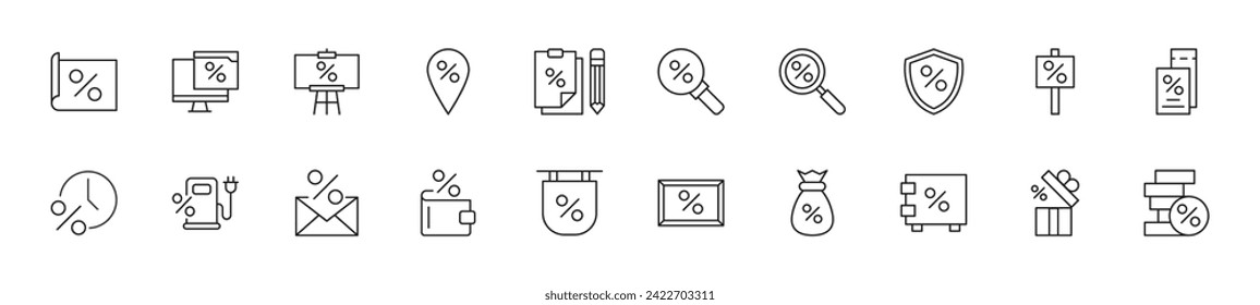 Collection of thin line icons of percent by various signs. Linear sign and editable stroke. Suitable for web sites, books, articles