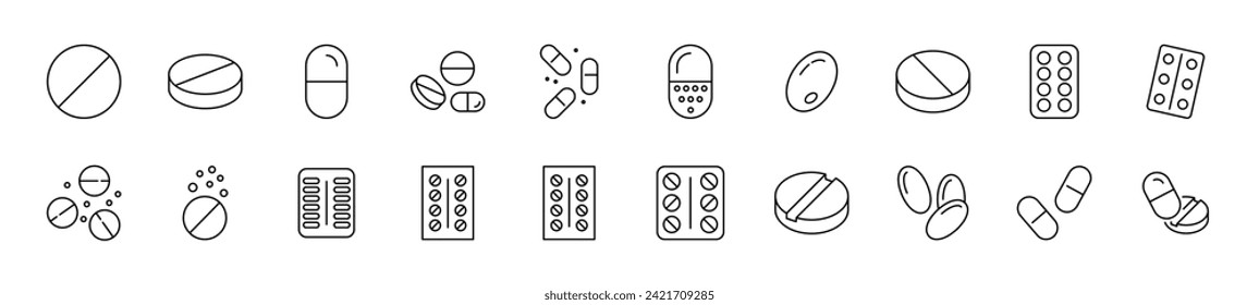 Collection of thin line icons of pills. Linear sign and editable stroke. Suitable for web sites, books, articles