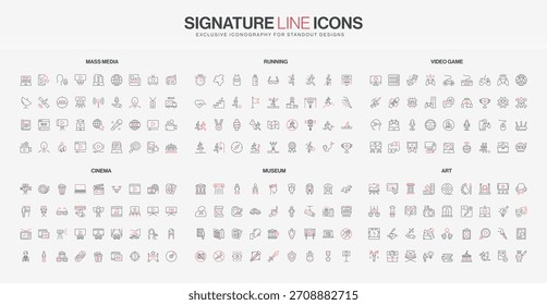 Colección Video de iconos de línea delgada en rojo y negro que representan medios de comunicación de masas, carreras, juegos, cine, museos y temas de arte, cada uno con Ilustración vectorial aislada de estilo minimalista moderno