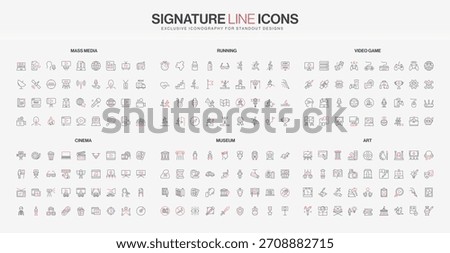 Collection of thin line icons in red and black representing mass media, running, video games, cinema, museum, and art themes, each with modern minimalist style isolated vector illustration