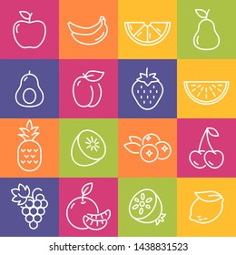 Sammlung von Symbolen aus dünnen Linien, die Früchte, gesunde Ernährung, gesunde Lebensweise und gesunde Lebensweise repräsentieren