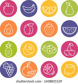 Collection of thin line icons representing fruit, healthy eating, healthy diet and healthy lifestyle
