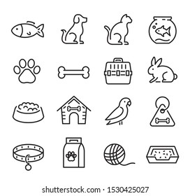 Collection of thin line icons representing animals, pets and veterinary healthcare