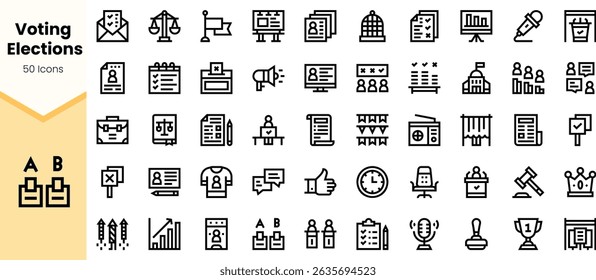 A collection of thin line icons representing voting and elections, including ballots, polls, trophies, and voting booths, suitable for election-themed projects.