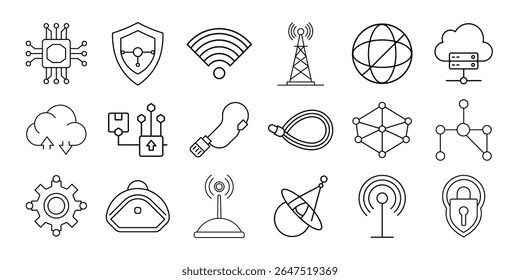 A collection of thin line icons representing various technology and network concepts, including a CPU, shield, Wi-Fi, tower, globe, cloud, data transfer, and security lock. 