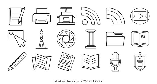 Uma coleção de ícones de linha fina que representam vários conceitos como escrita, impressão, tecnologia, comunicação, mídia e informação, todos isolados em um fundo branco limpo.
