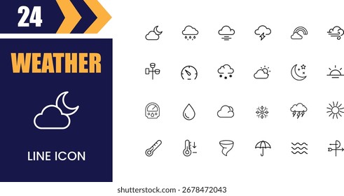 A collection of thin line icons representing various weather phenomena, including clouds, rain, sun, and lightning, on a white background.