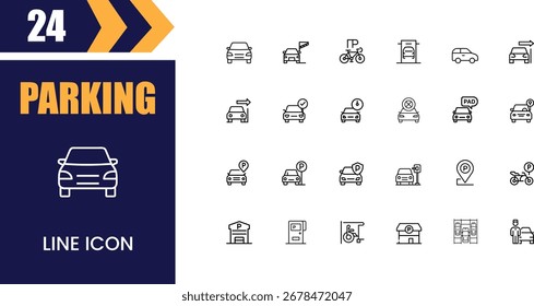 Eine Sammlung von dünnen Linien Symbole, die verschiedene Aspekte des Parkens, einschließlich Autos, Parkplätze und Beschilderung, präsentiert auf einem dunkelblauen Hintergrund.