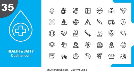 Uma coleção de ícones de linha fina que representam vários conceitos médicos, de segurança e de saúde, incluindo suprimentos médicos, higiene e proteção.