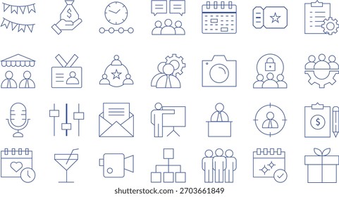 Collection of thin line icons representing business finance and events on a white background