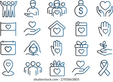 Colección de íconos de línea delgada que representan caridad, donación, ayuda, Asistencia, voluntariado y conceptos de servicio comunitario, aislados sobre fondo blanco