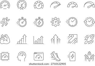 Una colección de iconos de líneas finas que representan el rendimiento, la velocidad, el progreso y la eficacia, diseñados con trazos editables para una fácil personalización.