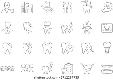 Coleção de ícones de linha fina representando vários aspectos da odontologia e cuidados orais, adequado para projetos e projetos relacionados com odontologia.