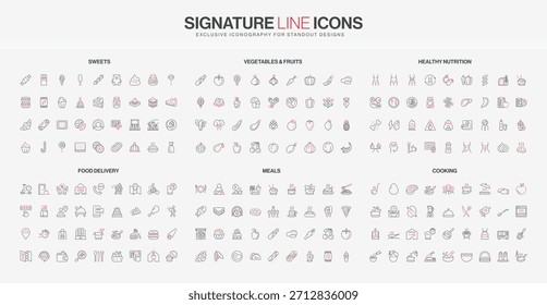 Collection of thin line icons representing sweets, fruits, healthy nutrition, food delivery, meals, and cooking concepts, designed in a minimal style isolated vector illustration