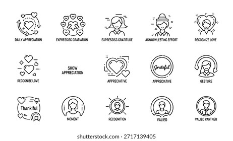 Una colección de íconos de líneas delgadas que representan conceptos de aprecio, gratitud y reconocimiento. Este conjunto de Vectores incluye símbolos de amor, agradecimiento y gestos positivos.