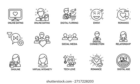 Uma coleção de ícones de linha fina representando conceitos de namoro on-line, romance digital e relacionamentos modernos. O conjunto inclui símbolos de amor, conexão e tecnologia.