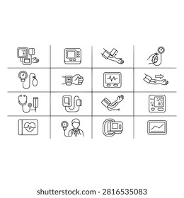 A collection of thin line icons representing blood pressure monitoring, medical devices, and cardiovascular health checkups.