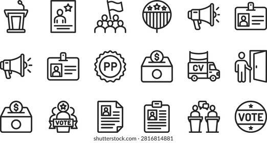 A collection of thin line icons representing election, voting, politics, and campaign activities.