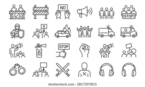 A collection of thin line icons representing protest, riot, demonstration, and social unrest themes.