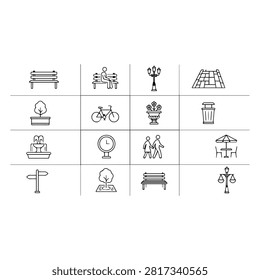 A collection of thin line icons representing various park elements and urban public space features on a white background.