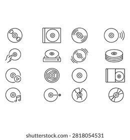 A collection of thin line icons representing compact discs, DVDs, and various media storage formats on a white background.