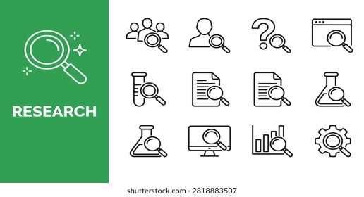 A collection of thin line icons representing research, analysis, and investigation concepts, featuring magnifying glasses combined with various business and scientific symbols.