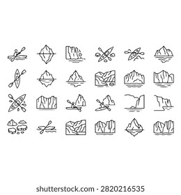 A collection of thin line icons representing kayaking, icebergs, glaciers, and mountainous coastal landscapes.
