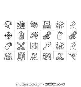 A collection of thin line icons representing whitewater rafting, kayaking, and outdoor water sports equipment and activities.