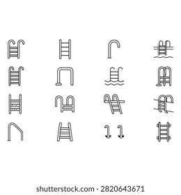 A collection of thin line icons representing swimming pool ladders and handrails in various styles and orientations.