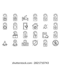 A collection of thin line icons representing various do not disturb signs, privacy indicators, and quiet zone symbols for hotels and offices.