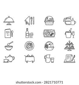 A collection of thin line icons representing hotel room service, dining, catering, and food delivery services on a white background.