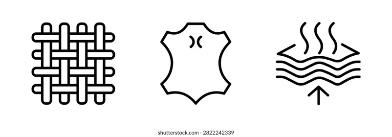 Collection of thin line icons representing different material properties, including woven fabric, leather texture, and breathable moisture-wicking textile.