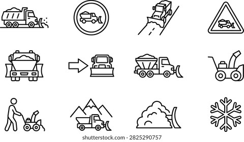 A collection of thin line icons representing snow removal vehicles, equipment, road signs, and winter weather conditions.