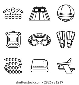 A collection of thin line icons representing swimming gear, pool facilities, and competition equipment on a white background