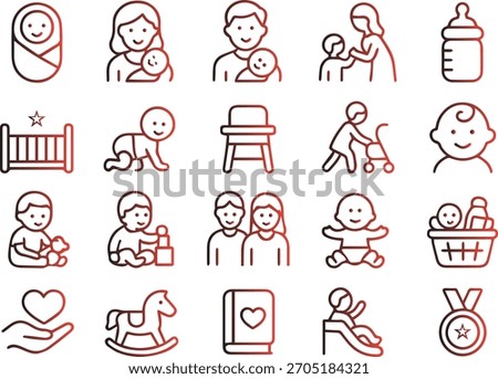 Collection of thin line icons representing various baby care, parenting, and childhood activity concepts, isolated on white background