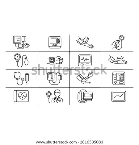 A collection of thin line icons representing blood pressure monitoring, medical devices, and cardiovascular health checkups.