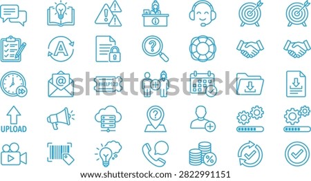 A collection of thin line icons representing various business, management, and office concepts, arranged in a grid pattern on a white background.