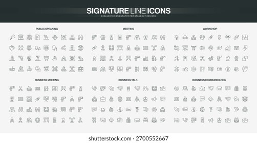 Collection of thin line icons showing public speaking, meetings, workshops, business talk, and communication concepts for teamwork, leadership, and collaboration isolated vector illustration