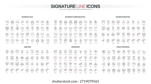 Colección de íconos de línea delgada que muestran charlas de negocios, comunicación, reuniones, talleres y conceptos de habla pública, adecuados para temas profesionales y corporativos Ilustración vectorial aislada
