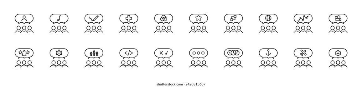 Collection of thin line icons of speech bubble over faceless people. Linear sign and editable stroke. Suitable for web sites, books, articles