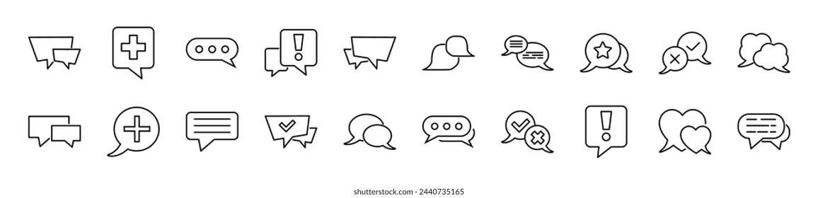 Collection of thin line icons of speech bubbles. Editable stroke. Simple linear illustration for web sites, newspapers, articles book 