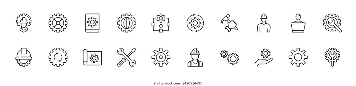 Colección de iconos de línea delgada de tecnología y renovación. Signo lineal y trazo editable. Adecuado para sitios web, libros, artículos