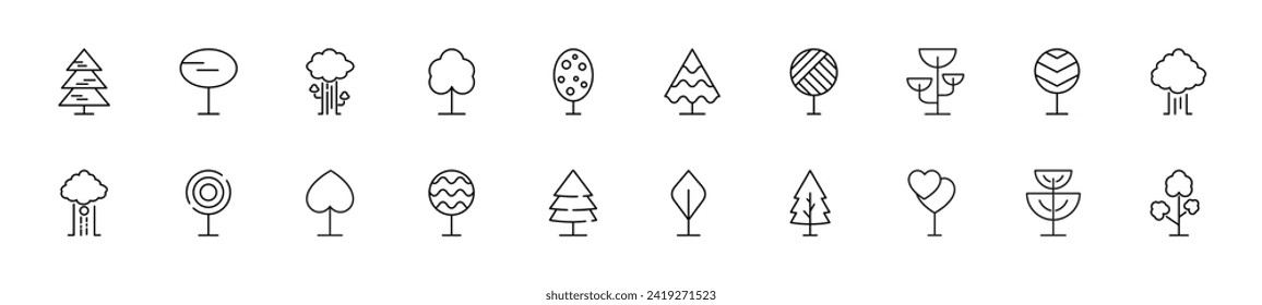 Collection of thin line icons of trees. Linear sign and editable stroke. Suitable for web sites, books, articles