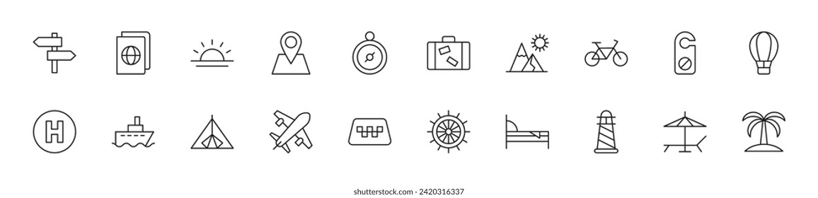 Colección de íconos delgados de vacaciones, turismo, hotel. Signo lineal y trazo editable. Adecuado para sitios web, libros, artículos
