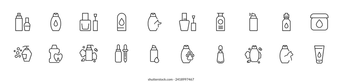 Colección de iconos de línea delgada de varias botellas para cosméticos. Signo lineal y trazo editable. Adecuado para sitios web, libros, artículos