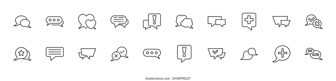 Collection of thin line icons of various elements inside of speech bubbles. Linear sign and editable stroke. Suitable for web sites, books, articles